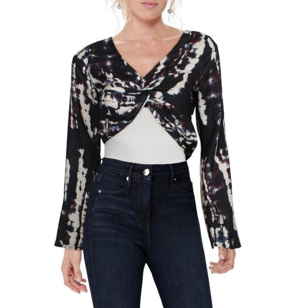 Material Girl Women Tie Dye Twist Front V-Neck Blouse MGFTW8984 Black Red S